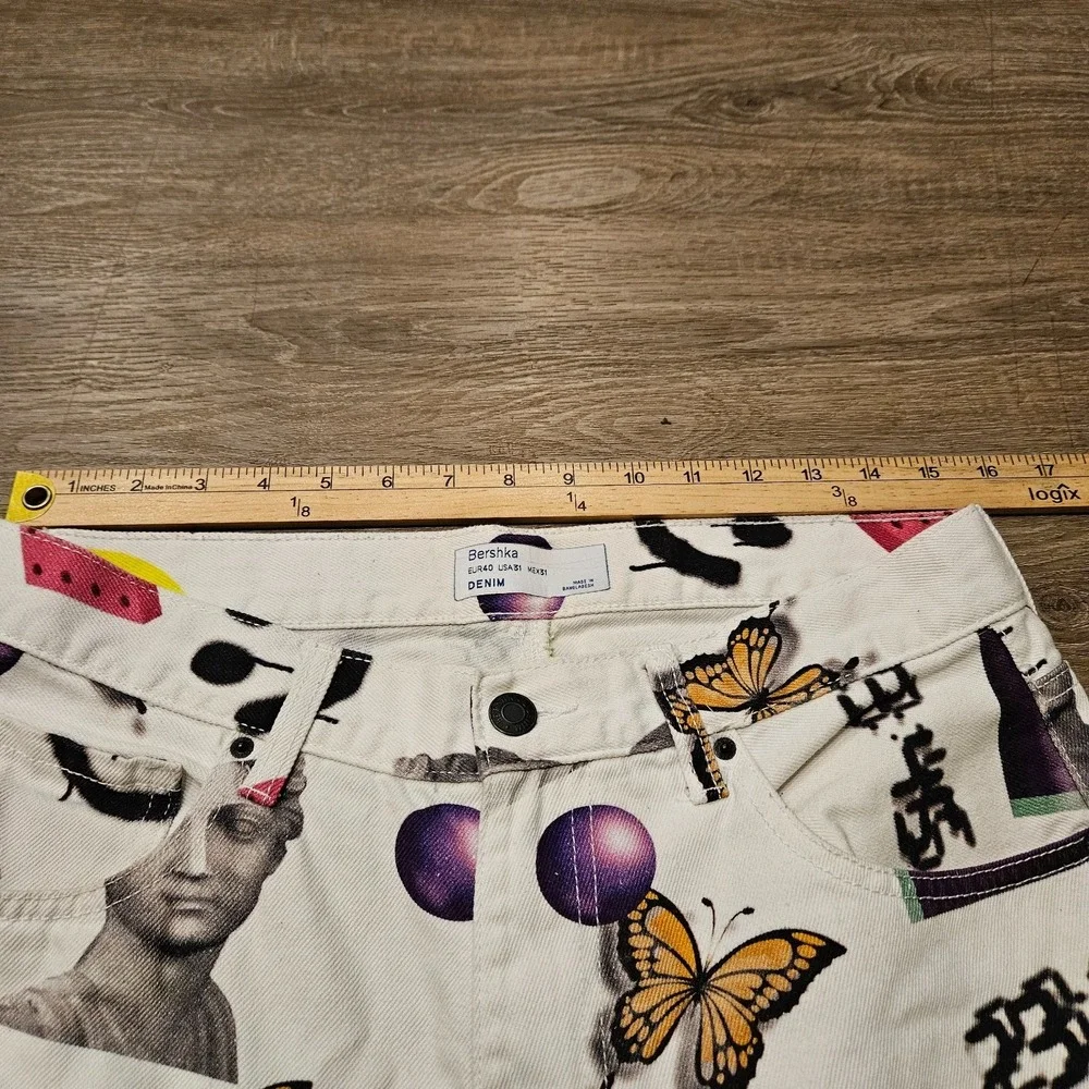 Bershka Graphic Print Straight Leg Jeans Men's 31 White Butterfly Art Denim